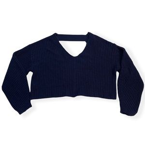 Urban Outfitters Oversized Cropped V-Neck Sweater Navy Blue Womens Size XS